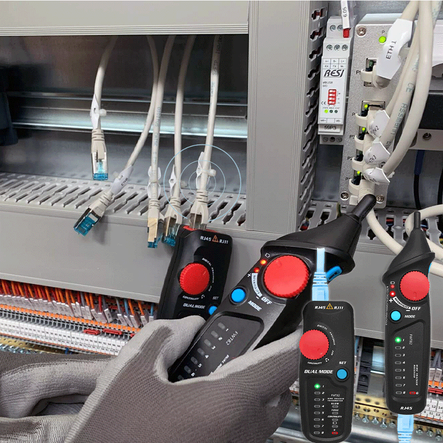 RJControl™, un appareil qui permet de vérifier le câblage d'un cordon RJ45, RJ11. Il détecte également le bon raccordement du blindage des câbles réseau.