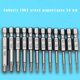 Acheter ce lot d'embouts torx creux 50 mm, 75 mm, 100 mm pour les têtes de vis torx. Une utilisation très simple : mettez l'embout sur une visseuse et visser la vis. Disponible que pour les vis torx. Que ce soit lame en acier, acier trempé, acier inoxydable, tôle, pastique, plâtre, bois, lambris, l'embout s'adapte à toute utilisation. 