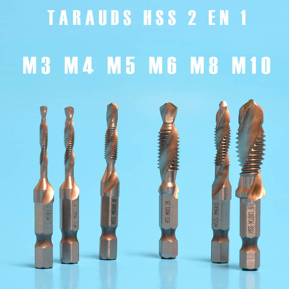 Lot de tarauds et forêts hss pour taraudage, fait parti des outillages qui facilite les travaux de bricolage. Composé d'un corps hexagonal, ce lot de tarauds forêts 2 en 1 est un outillage à main qui s'adapte à n'importe quelle perceuse-visseuse. Un outil parfait pour compléter vos petits outillages comme : outils électriques, cutter, équerre, coffrets à douilles, perceuses-visseuses, cisaille.